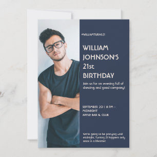 Navy Blue Sidebar Photo 21st Birthday invitation F