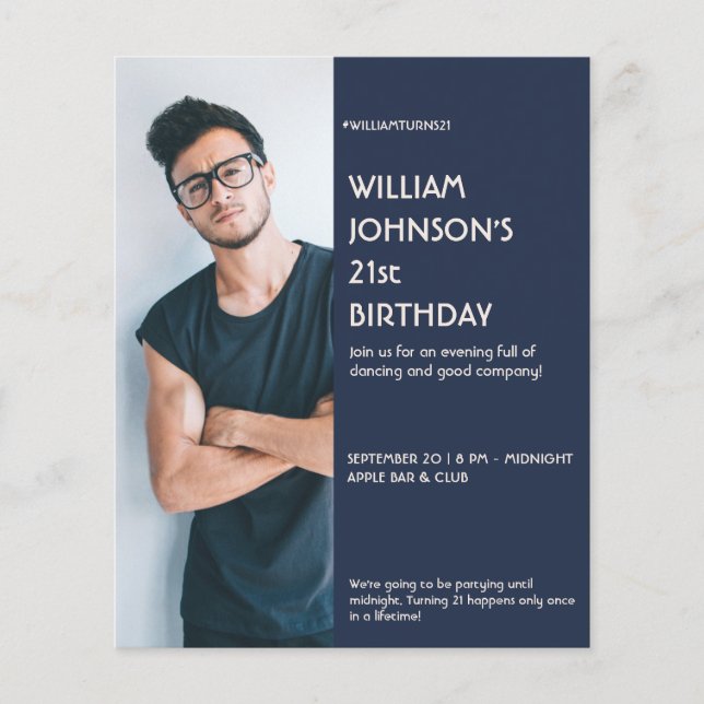 Navy Blue Sidebar Photo 21st Birthday invitation Flyer (Front)