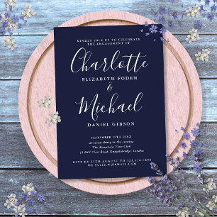 Navy Blue Signature Script Engagement Party Invitation