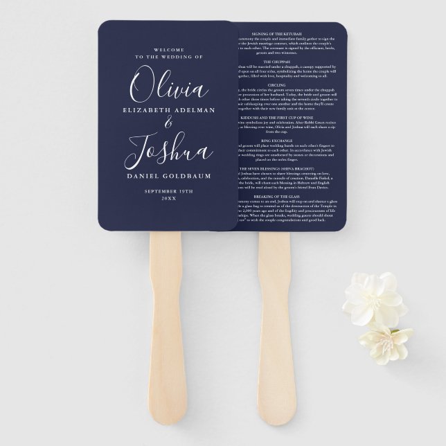 Navy Blue Signature Script Jewish Wedding Hand Fan (Front and Back)