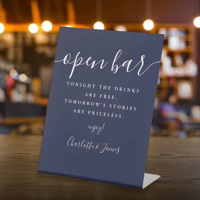 Navy Blue Signature Script Open Bar Pedestal Sign (Navy Blue Signature Script Open Bar Pedestal Sign)