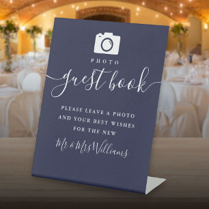 Navy Blue Signature Script Photo Guest Book Pedestal Sign