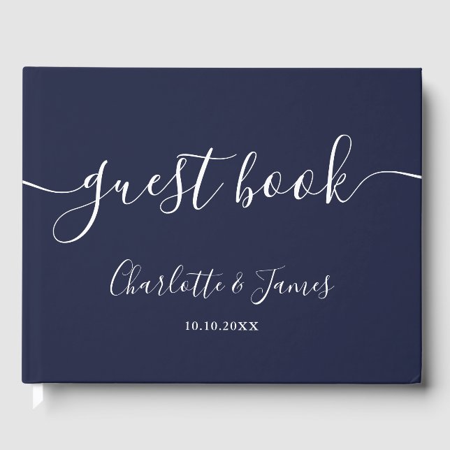 Navy Blue Signature Script Photo Wedding Guest Book (Front)