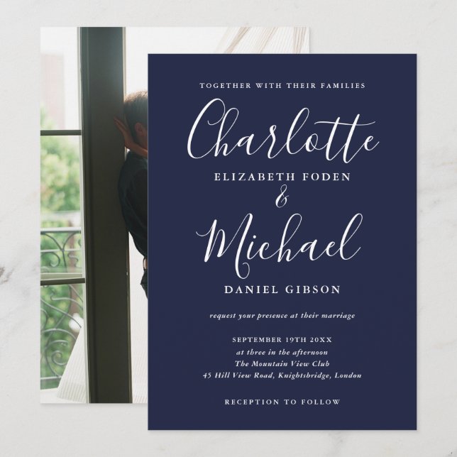 Navy Blue Signature Script Photo Wedding  Invitation (Front/Back)