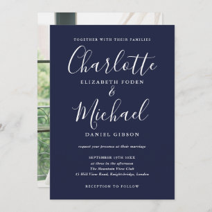 Navy Blue Signature Script Photo Wedding  Invitation