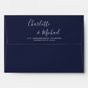 Navy Blue Signature Script String Lights Wedding Envelope