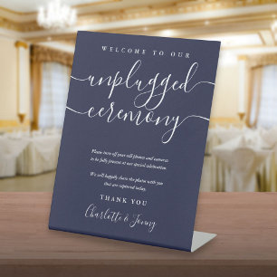 Navy Blue Signature Script Unplugged Ceremony Pedestal Sign