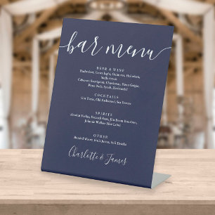 Navy Blue Signature Script Wedding Bar Menu Pedestal Sign