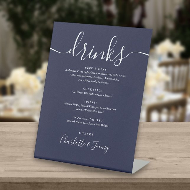 Navy Blue Signature Script Wedding Drinks Menu Pedestal Sign (Creator Uploaded)