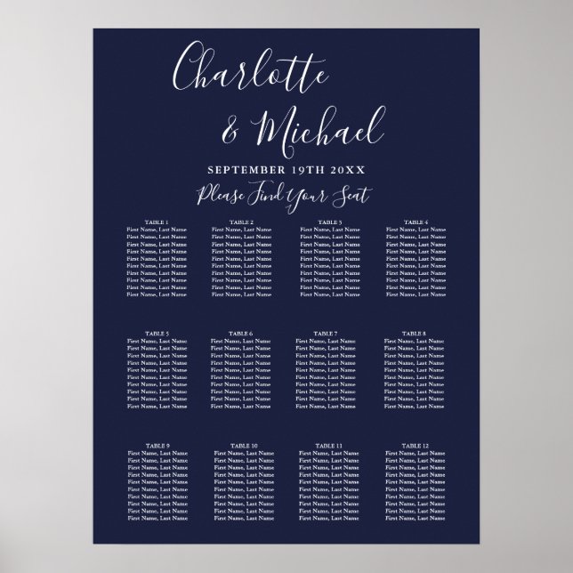 Navy Blue Signature Script Wedding Seating Chart (Front)