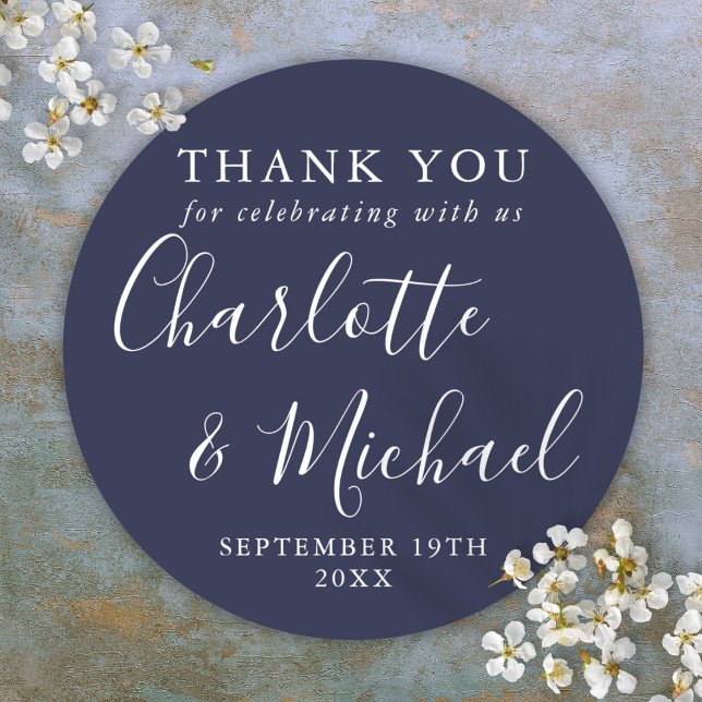  Navy Blue Signature Wedding Favor Thank You  Classic Round Sticker (Navy Blue Signature Wedding Favor Thank You Classic Round Sticker)