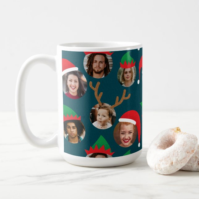 Navy Blue Silly Christmas Hat Six Photo Collage Coffee Mug (With Donut)