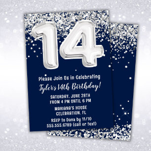 Navy Blue Silver 14th Birthday Party Invitation