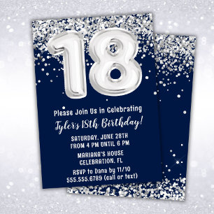 Navy Blue Silver 18th Birthday Party Invitation
