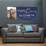 Navy Blue Silver 18th Birthday Photo Banner<br><div class="desc">Modern 18th birthday party banner featuring a stylish navy blue background that can be changed to any colour,  a photo of the birthday boy/girl,  chic silver glitter,  the words "happy 18th birthday" in a faux silver foil script,  their name,  and the date.</div>