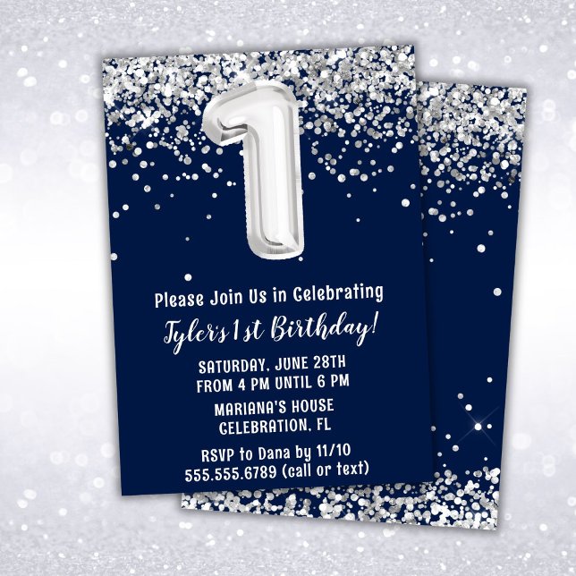 Navy Blue Silver 1st Birthday Party Invitation (Creator Uploaded)