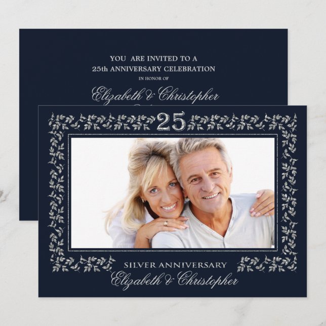 Navy Blue Silver 25th Wedding Anniversary Photo Invitation (Front/Back)