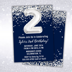 Navy Blue Silver 2nd Birthday Party Invitation