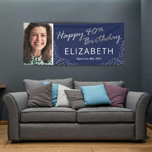 Navy Blue Silver 40th Birthday Picture Banner