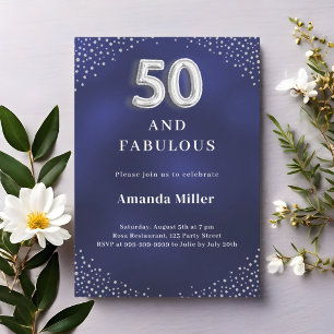 Navy blue silver 50th fabulous birthday invitation