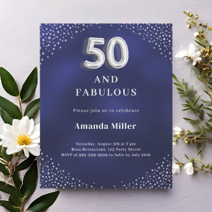 Navy blue silver 50th fabulous birthday invitation
