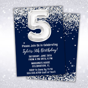 Navy Blue Silver 5th Birthday Party Invitation