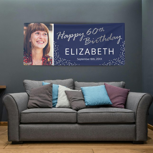 Navy Blue Silver 60th Birthday Picture Banner (Creator Uploaded)
