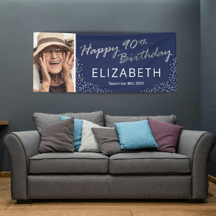 Navy Blue Silver 90th Birthday Photo Banner