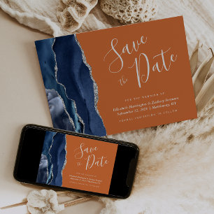 Navy Blue Silver Agate Burnt Orange Save the Date Invitation