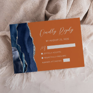 Navy Blue Silver Agate Burnt Orange Script RSVP Card
