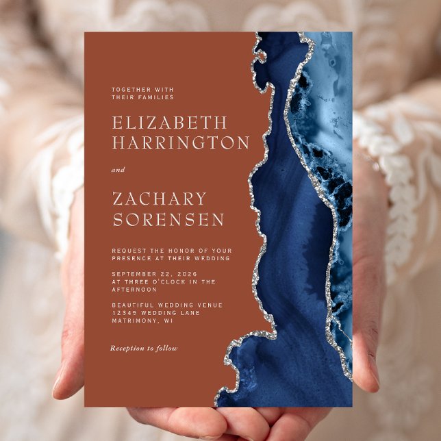 Navy Blue Silver Agate Burnt Orange Wedding Invitation (Creator Uploaded)