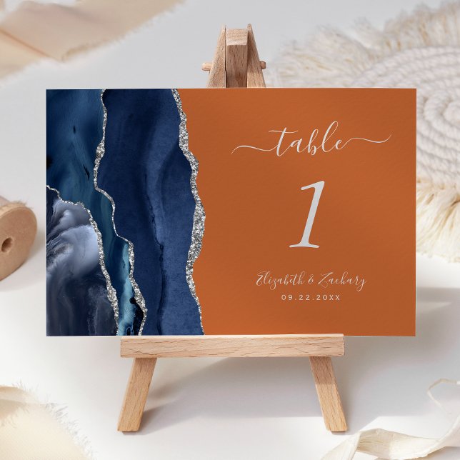 Navy Blue Silver Agate Burnt Orange Wedding Table Number (Creator Uploaded)