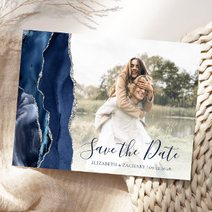 Navy Blue Silver Agate Custom Photo Save the Date Postcard