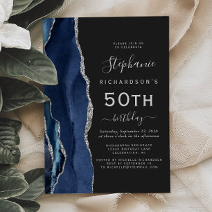 Navy Blue Silver Agate Dark 50th Birthday Party Invitation