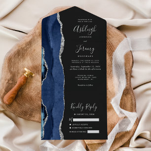 Navy Blue Silver Agate Dark Wedding All In One Invitation