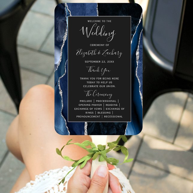 Navy Blue Silver Agate Dark Wedding Program Hand Fan (Creator Uploaded)