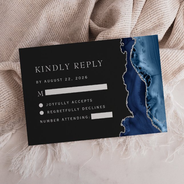 Navy Blue Silver Agate Dark Wedding RSVP Card (Creator Uploaded)