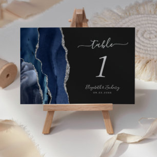 Navy Blue Silver Agate Dark Wedding Table Number