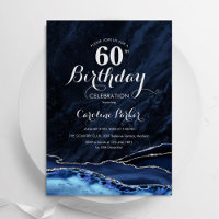 Navy Blue Silver Agate Marble 60th Birthday