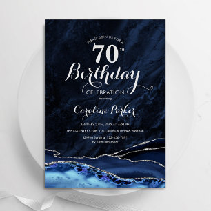 Navy Blue Silver Agate Marble 70th Birthday Invitation