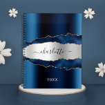 Navy blue silver agate marble name 2025 planner<br><div class="desc">Navy blue and faux silver agate,  marble stone print as background.  Personalize and add your name. The name is written with a modern hand lettered style script.</div>