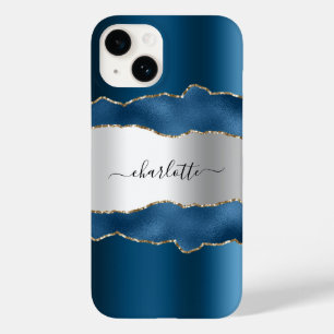 Navy blue silver agate marble name script Case-Mate iPhone 14 case