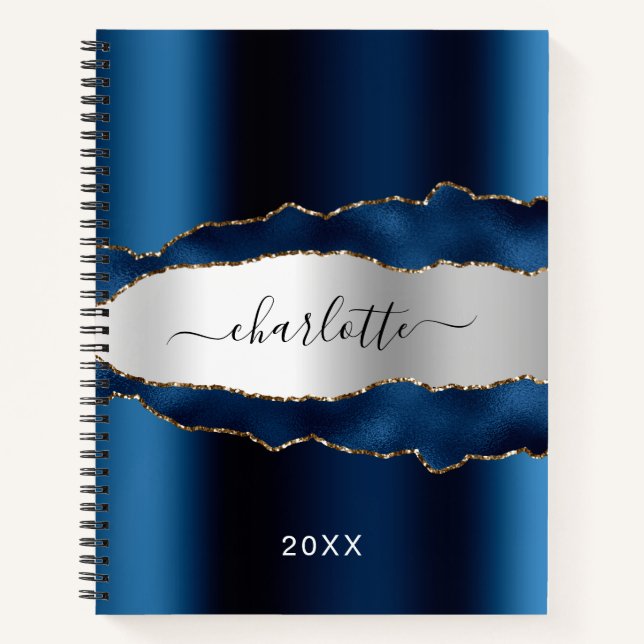 Navy blue silver agate marble name script notebook (Front)