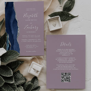 Navy Blue Silver Agate Mauve QR Code Wedding Invitation
