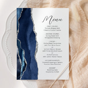Navy Blue Silver Agate Modern Script Wedding Menu