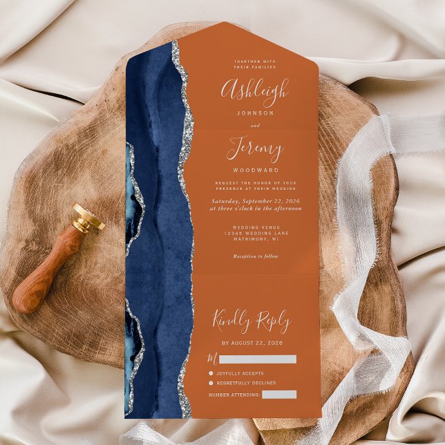 Navy Blue Silver Agate Orange Wedding All In One Invitation (Creator Uploaded)