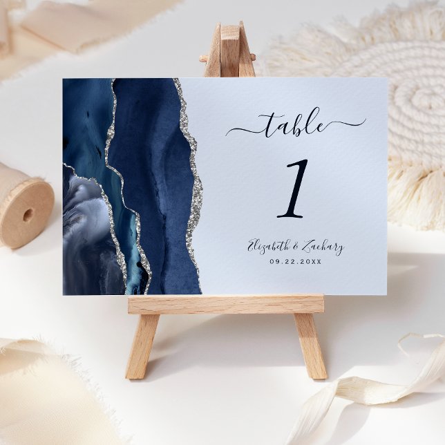Navy Blue Silver Agate Pastel Wedding Table Number (Creator Uploaded)