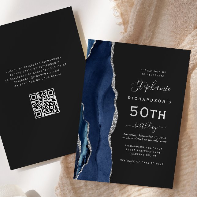 Navy Blue Silver Agate QR Code 50th Birthday Invitation (Creator Uploaded)