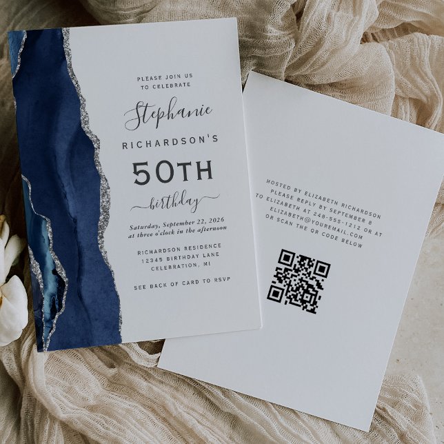 Navy Blue Silver Agate QR Code 50th Birthday Invitation (Creator Uploaded)