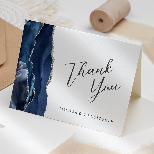 Navy Blue Silver Agate Script Wedding Thank You Card (Creator Uploaded)